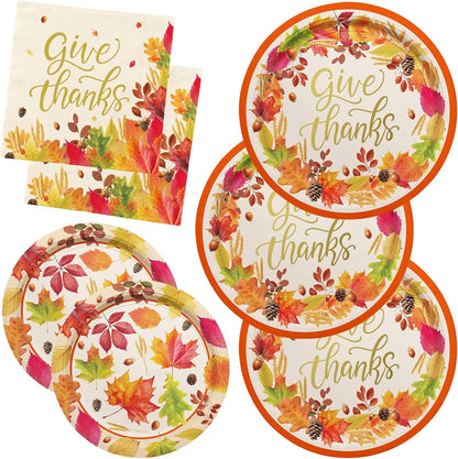 Fall theme Thanksgiving Party Supplies Kit, Serve 50, Autumn Harvest Disposable Dinnerware Includes: Paper Dinner Plates, Dessert Plates, and Napkins, Great for Thanksgiving Party Decorations