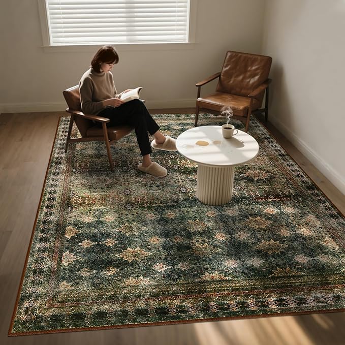 6x9 Washable Area Rug Non Slip, Thin Vintage Floral Living Room Rug Low Pile, Indoor Large Distressed Print Carpet for Bedroom, Dining Room, Farmhouse, Home Office, Dorm(Dark Green/Brown/Multi)