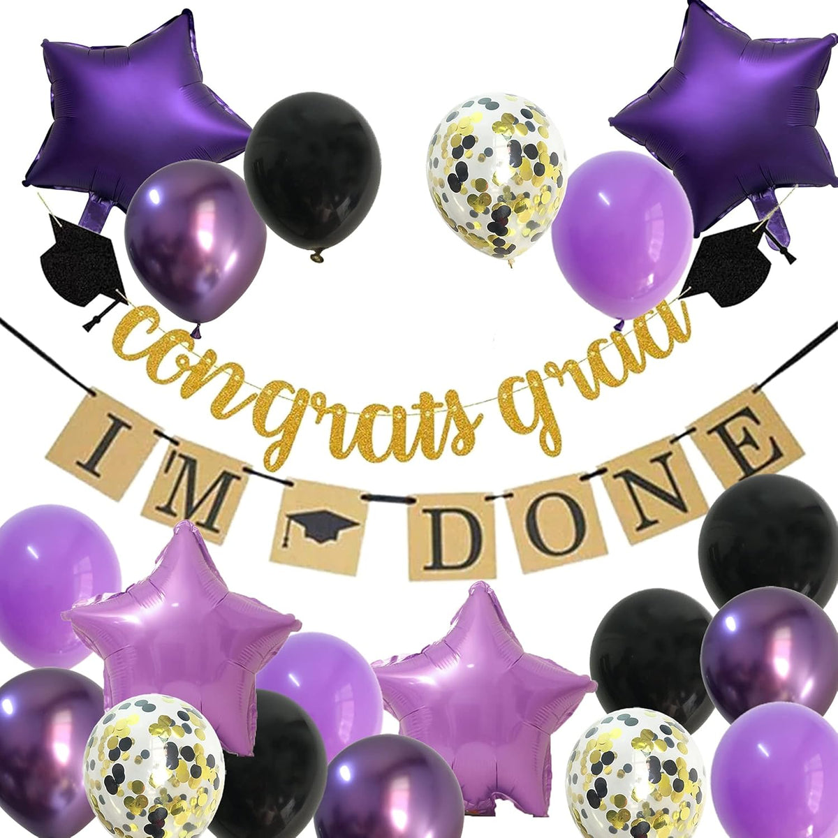 Purple Graduation Decorations – 2024 Lavender Grad Party Balloons Supplies with Black Gold Congrats Banner Decor (Black + Lavender + Purple)