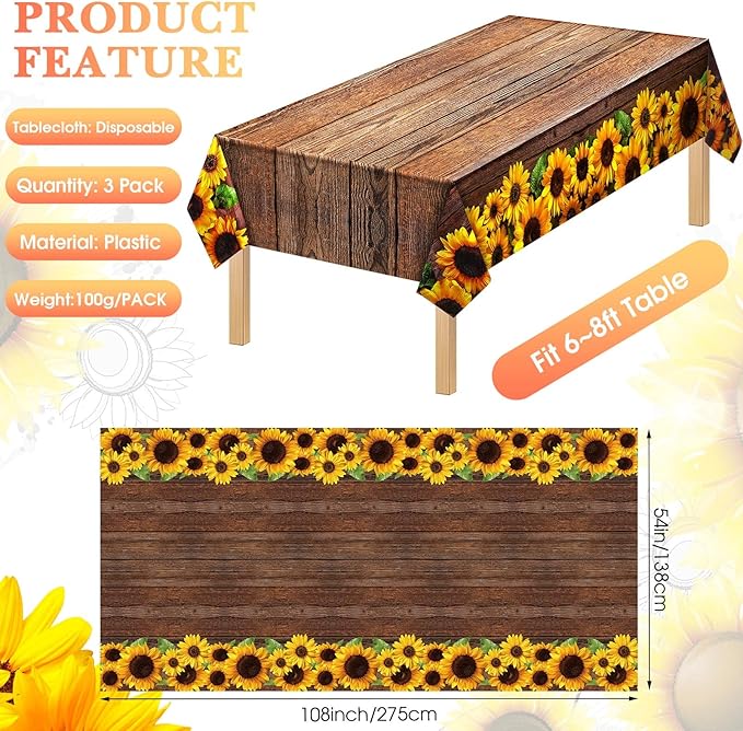 Tegeme 3 Pcs Sunflower Wood Grain Plastic Rustic Tablecloth Vintage Rectangle Table Covers Countryside Outdoor Tablecloth for Dining Table Kitchen Party Banquet, 54 x 108 Inch