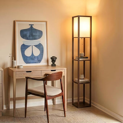 Brightech Maxwell - Modern Shelf Floor Lamp with Lamp Shade & Warm White LED Bulb, Corner Display Floor Lamp with Shelves for Living Room, Bedroom, Nightstand Office, Home Decor Storage - Havana Brown