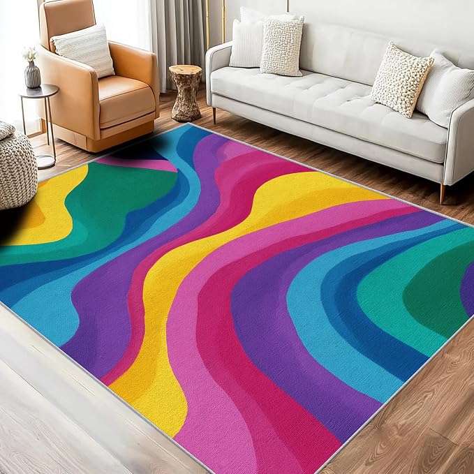 Rainbow Abstract Rugs 6x8, Colorful Retro 70s Washable 6 x 8 Area Rug for Living Room, Bedroom, Low Pile Non Slip Stain Resistant Carpet, Abstract Home Decor Accessories & M889