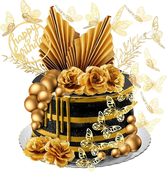 Shimeyao 52 Pcs Gold Happy Birthday Cake Topper Decoration Boho Wedding Cake Topper Rose Flower Butterfly Palm Leaves Balls Birthday Decoration for Women Men Party Decor(Gold)