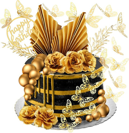 Shimeyao 52 Pcs Gold Happy Birthday Cake Topper Decoration Boho Wedding Cake Topper Rose Flower Butterfly Palm Leaves Balls Birthday Decoration for Women Men Party Decor(Gold)