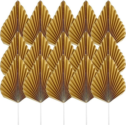 ABOOFAN Gold Folding Fan Cake Toppers 24Pcs Leaf Shaped Cupcake Inserts for Anniversary Birthday Wedding Party Decorations