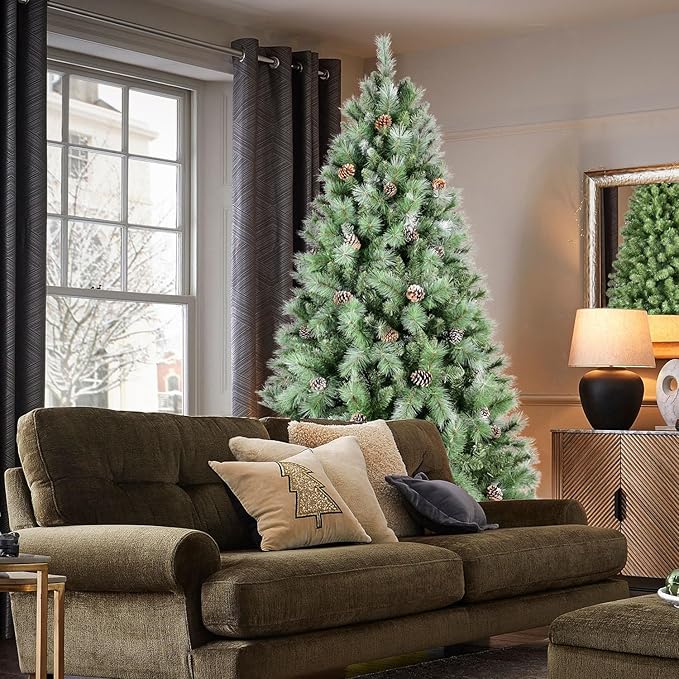 6FT Frosted Christmas Tree with 66 Pine Cone & Pine Needles, Premium Unlit Artificial Christmas Tree with 988 Branch Tips, Realistic Hinged Xmas Trees with Metal Stand for Holiday Decoration