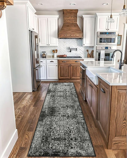 vivorug Black Runner Rug 2x10 Machine Washable Rug with Non-Slip Backing, Ideal for Kitchen Hallway Entryway Laundry Room - Vintage, Durable, Easy Clean, Low Pile Carpet Runner