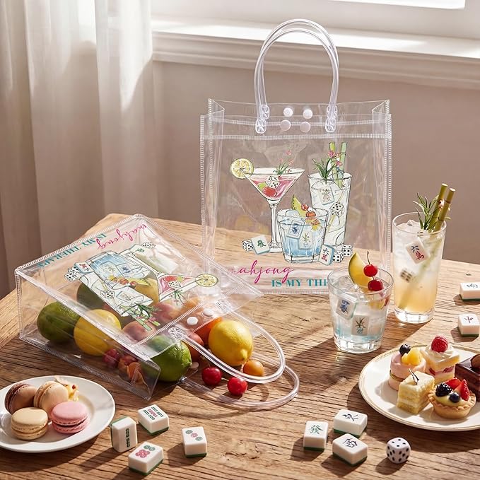 Teenyyou 24 Pcs Mahjong Cocktail Party Favor Bags Mahjong Is My Therapy PVC Gift Bags with Handles Mojito Reusable Transparent Goodie Container for Bachelorette, Bridal Shower, Birthday Party Favors