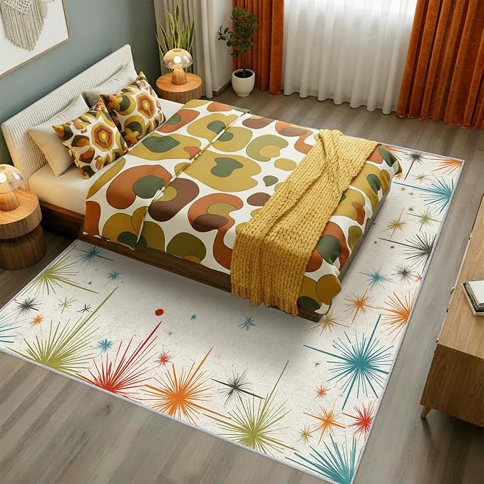 Mid Century Modern Rug Square 8x8 50s 60s Retro Starburst Pattern Area Rugs for Living Room, Bedroom, Mid Century Modern Home Decor Accessories Indoor Carpet, Non Slip & Machine Washable