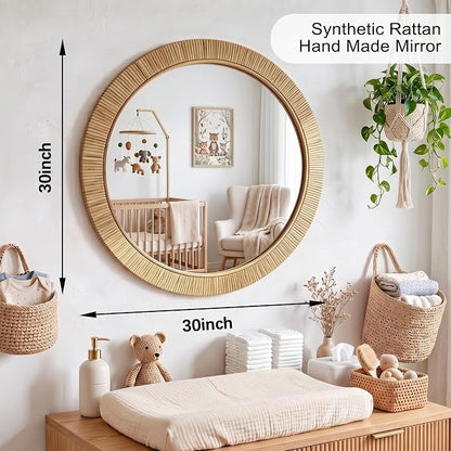 30"x30" inch Large Round Rattan Mirror for Wall, Boho Decorative Wicker Mirror Waterproof Synthetic Rattan Frame, for Bathroom, Bedroom, Living Room, Entryway
