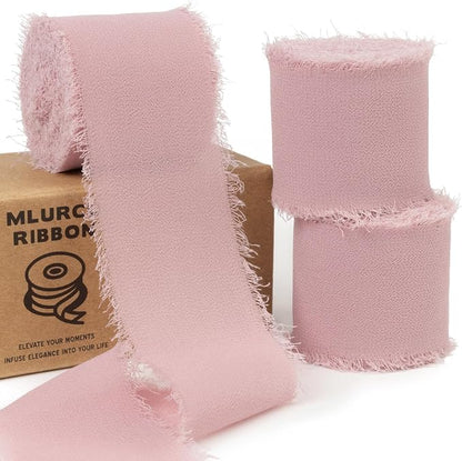 Dusty Rose Chiffon Ribbon 1-1/2 Inch x 21Yards Boho Frayed Mauve Ribbon Handmade Fringe Chiffon Silk Ribbon Dusty Pink Ribbon for Gift Wrapping, Wedding Invitation, Bridal Flower Bouquets