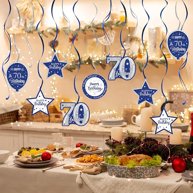 Happy 70th Birthday Blue & Silver Glitter Swirls Streamers Party Decorations - 15 Pcs 70th Birthday Hanging Swirls Streamers Kit,Cheers to Seventy Years Old Bday Party Sign.