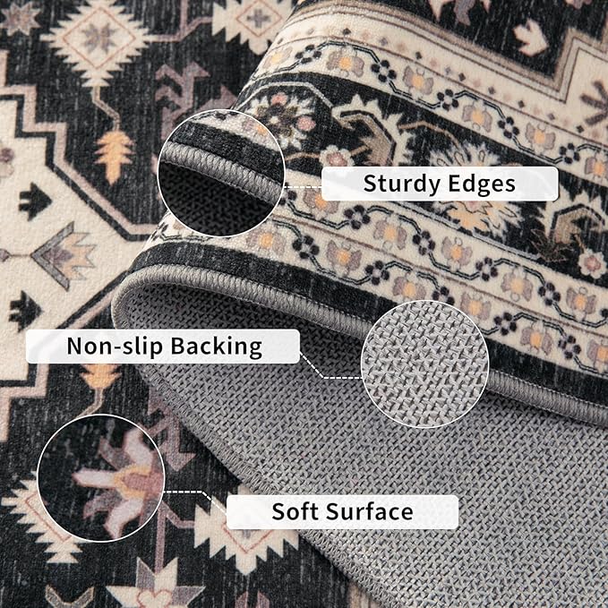 Tangsoo 2x3 Rugs for Entryway, Vintage Washable Indoor Area Rug,Boho Non-Slip Soft Low-Pile Small Entry Rug Door Mat Black and Gold Entrance Carpets for Kitchen Bathroom Bedroom