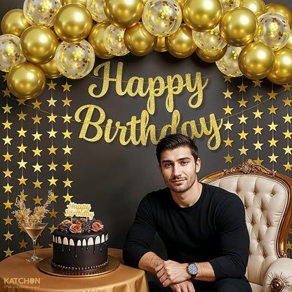KatchOn, Gold Birthday Decorations Set – Pack of 53 | Glitter Happy Birthday Banner, Gold Star Garland and Confetti Balloons Arch Kit | Happy Birthday Decorations Women, Men | Happy Birthday Sign