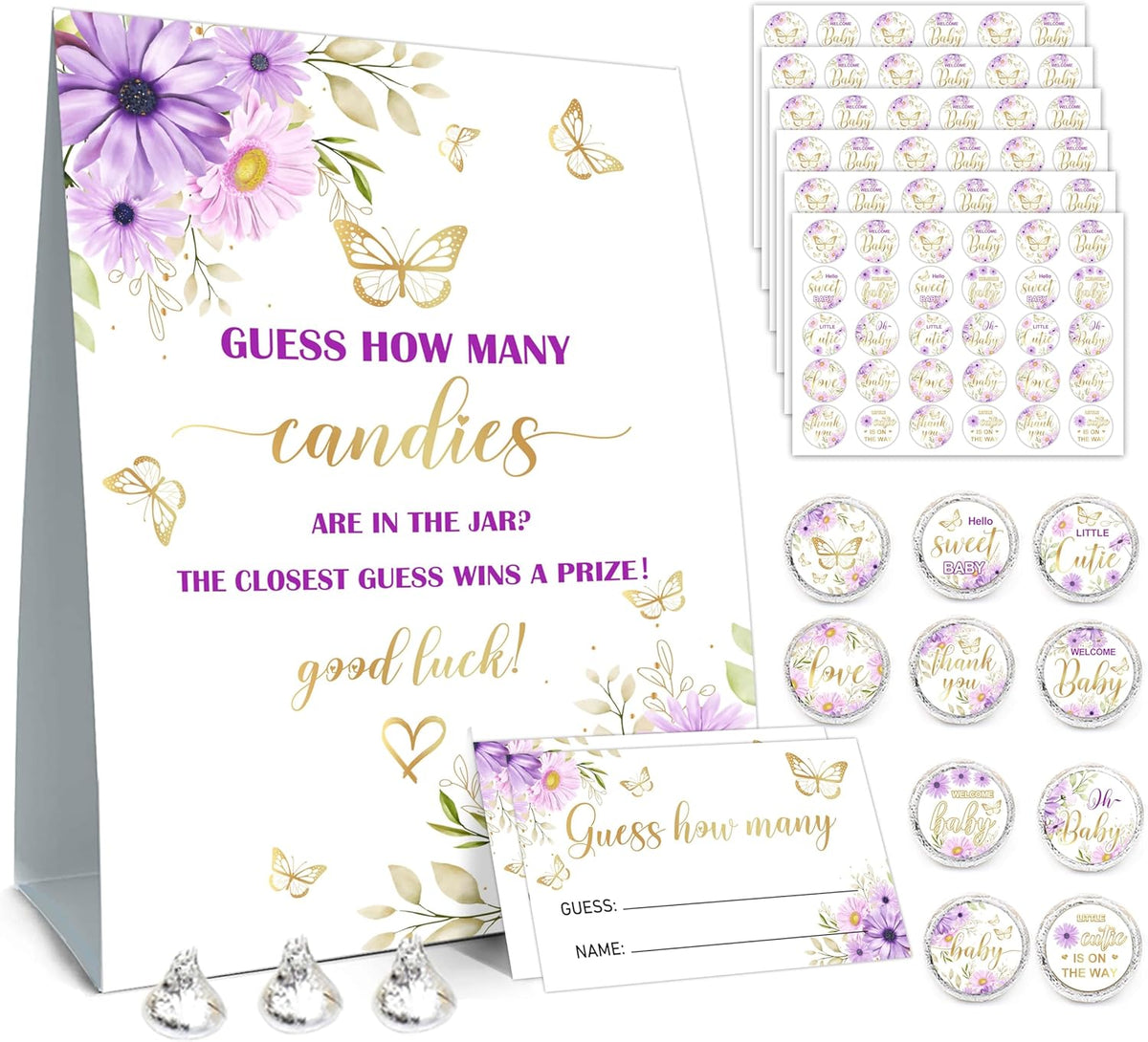 How Many Candies Baby Shower Games, How Many Candies Standing Sign 50 Guessing Cards 180 Baby Shower Candies Stickers, Guess How Many Candies Baby Showers Game Set for Baby Shower Decoration (Purple)