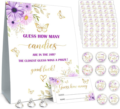 How Many Candies Baby Shower Games, How Many Candies Standing Sign 50 Guessing Cards 180 Baby Shower Candies Stickers, Guess How Many Candies Baby Showers Game Set for Baby Shower Decoration (Purple)