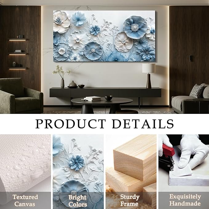 SERIMINO Extra Large Wall Art, Floral Wall Decor, Modern Wall Art, Blue and White Flowers Picture, Nature Botanical Prints, Oversized Paintings for Living Room Dining Room Hallway Office Hotel 29"x57"