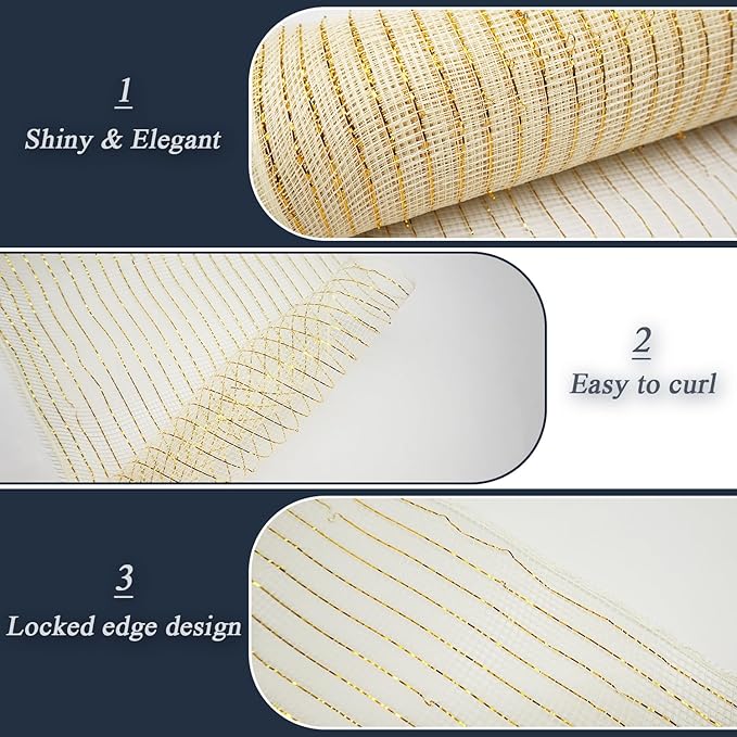 2 Pcs Ivory Deco Mesh Ribbon Rolls 10 Inch 10 Yards(30 ft) Decorative Mesh Fabric with Foil for Wreaths Christmas Tree Ribbon Door DIY Craft Halloween Decor Wedding Party Supplies (Ivory & Gold, 2Pcs)