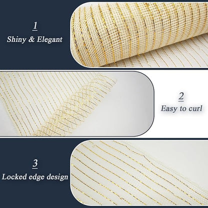 2 Pcs Ivory Deco Mesh Ribbon Rolls 10 Inch 10 Yards(30 ft) Decorative Mesh Fabric with Foil for Wreaths Christmas Tree Ribbon Door DIY Craft Halloween Decor Wedding Party Supplies (Ivory & Gold, 2Pcs)