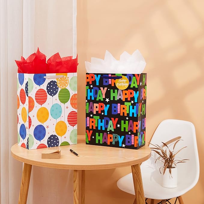 Bobobag 2 Pack 16.5" Large Gift Bag with Tissue Paper for Happy Birthday (Balloons)