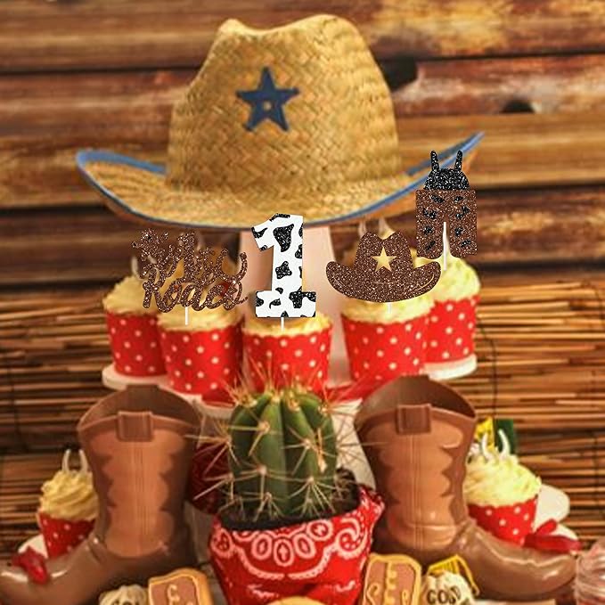 24Pcs Cowboy 1st Birthday Party Cupcake Toppers Western First Birthday Party Decorations Glitter My 1st Rodeo Party Cake Picks for Wild West Cowboy Theme Party Supplies