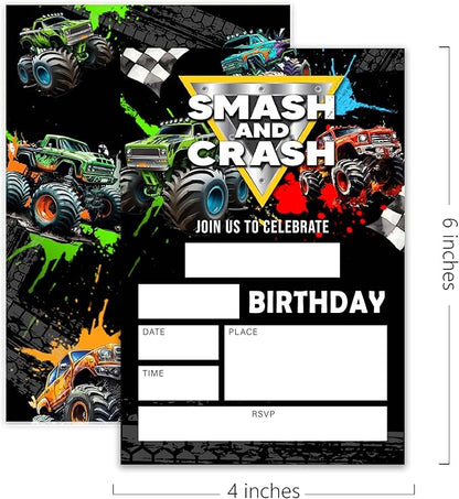 Truck Birthday Party Invitations–Smash&Crash–20 invitation Cards 4"x6" with Envelopes for Fun-Filled Birthday Celebrations.(012)