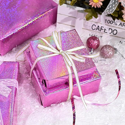 Burymento Pink Wrapping Paper Roll, Metallic Holographic Point Gift Wrap for Birthday, Valentines, Mothers day, Graduation, Wedding, Fathers day, Baby Shower, Christmas (17 IN x 32.8 FT)