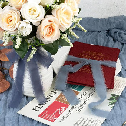 Dusty Blue Chiffon Ribbon 1 Inch x 21Yds Handmade Fringe Chiffon Silk Ribbon Dusty Blue/Slate Blue/Dark Blue Frayed Chiffon Ribbon for Wedding Invitation Flower Bouquets Bridal Shower Gift Wrapping