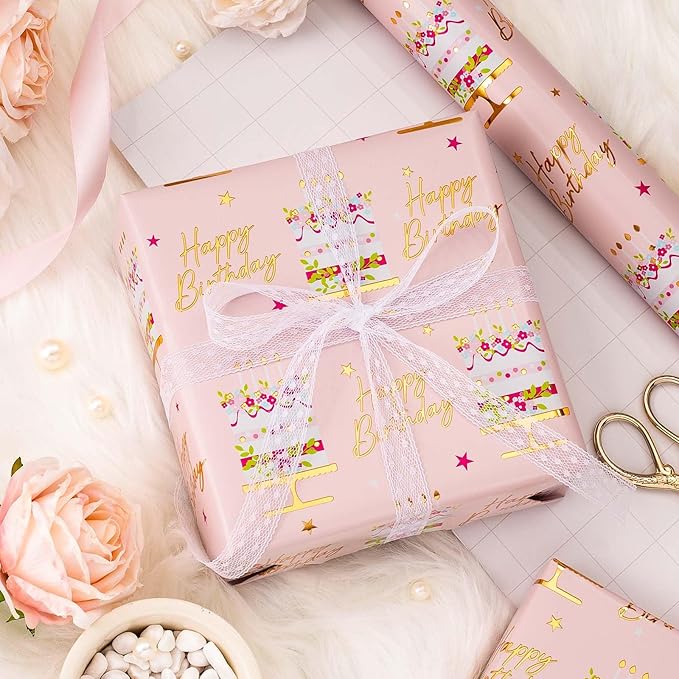 MAYPLUSS Birthday Cake Wrapping Paper Roll - 17 Inch X 33 Ft - Celebration Cake Design Paper Fun Candle Print w/Gold Shine Birthday Party Theme Gift Wrap Pastel for Wedding, Bridal Shower & Holiday