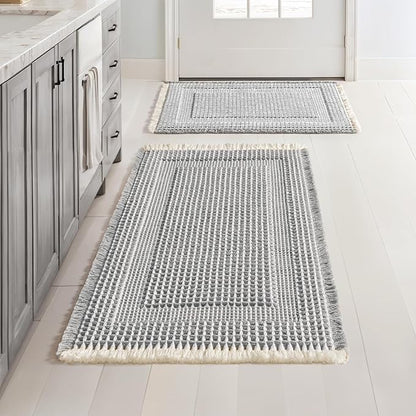MIULEE Set of 2 Waffle Bathroom Rugs, Boho Bath Rug Super Absorbent, Non Slip Washable Ultra Soft Rubber Backed Shower Bath Mats for Floor, Tub, Looped Design, Lightgrey & Cream, 17"x24"+18"x30"