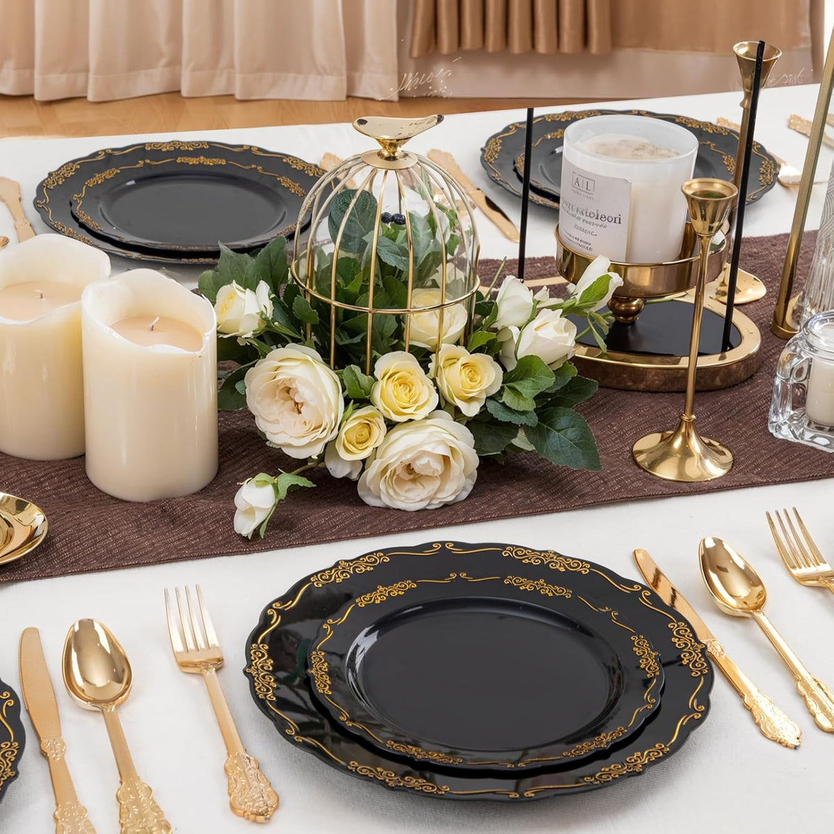 DaYammi 60PCS Black and Gold Plastic Plates, Heavy Duty Black and Gold Disposable Plates Premium 10inch Dinner Plates Hard Plastic Plates Disposable for Halloween Party and Wedding