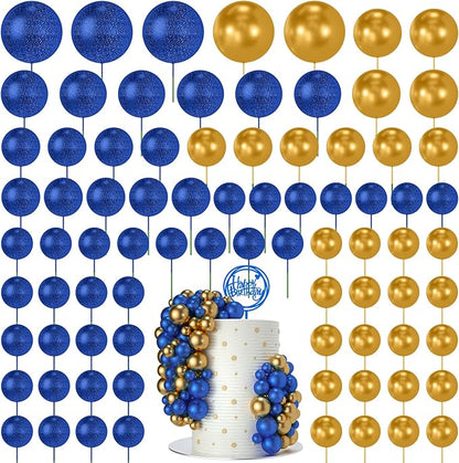 NACHLYNN 80 Pcs Cake Balls Decorations Mini Balloon Cake Topper Balls Foam Cupcake Toppers Balls for Cake Decorating Birthday Parties Weddings Anniversary (Glitter Royal Blue Gold)
