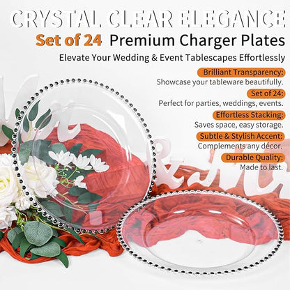24 Pack Clear Charger Plates Bulk Wedding, 13 Inch Plastic Round Dinner Chargers with Black Beaded Rim, Acrylic Round Decorative Plates for Wedding Party Home and Tabletop Decor (Black)