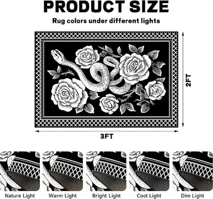 2'x3' Gothic Snake and Rose Area Rug Black and White Floral Vine Floor Mat Retro Boho Carpet Washable Low Pile Indoor Rugs for Entryway Bedroom Living Room Kitchen Home Decor