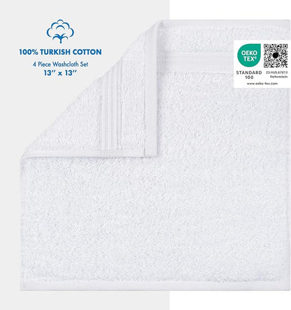 Cotton Paradise 100% Cotton Turkish Towel Set, Soft Absorbent Quick Dry, 4 Piece Washcloth Set, Snow White