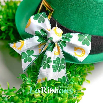 LaRibbons St Patricks Day Ribbon Wired 2 Rolls 2.5 Inch x 20 Yards Tt, Glitter Shamrock Green and White Plaid Ribbon for Crafts Supplies Wreath Bow Making DIY