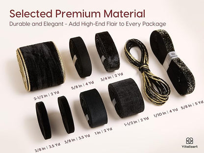 Vitalizart Black Velvet Ribbon 9 Rolls with Gift Tags Luxury Textured Ribbon for Christmas Gift Wrapping Tree Ornaments Bows Wreaths Holiday Decorations