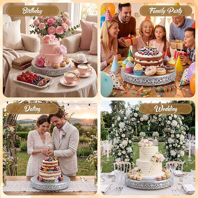 Wenqik 16 Inch Silver Cake Stand Set Metal Round Cupcake Dessert Stand with Cake Cutting, Spatula Wedding Cupcake Pastry Display Candy Holder Display for Wedding Party Birthday Baby Shower(Classic)