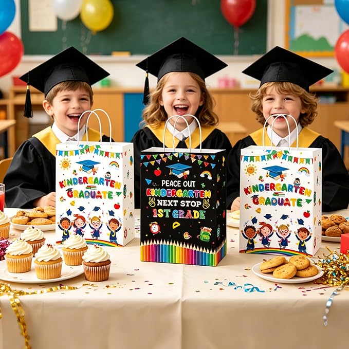 MOIZYNG 16PCS Kindergarten Graduation Gift Bags with Handles, Peace Out Kindergarten Next Stop 1st Grade Paper Treat Candy Goodie Bags for Boys Girls Kids Graduation Party Favors Supplies