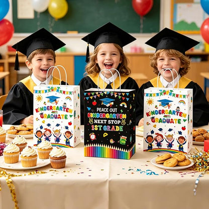 MOIZYNG 16PCS Kindergarten Graduation Gift Bags with Handles, Peace Out Kindergarten Next Stop 1st Grade Paper Treat Candy Goodie Bags for Boys Girls Kids Graduation Party Favors Supplies