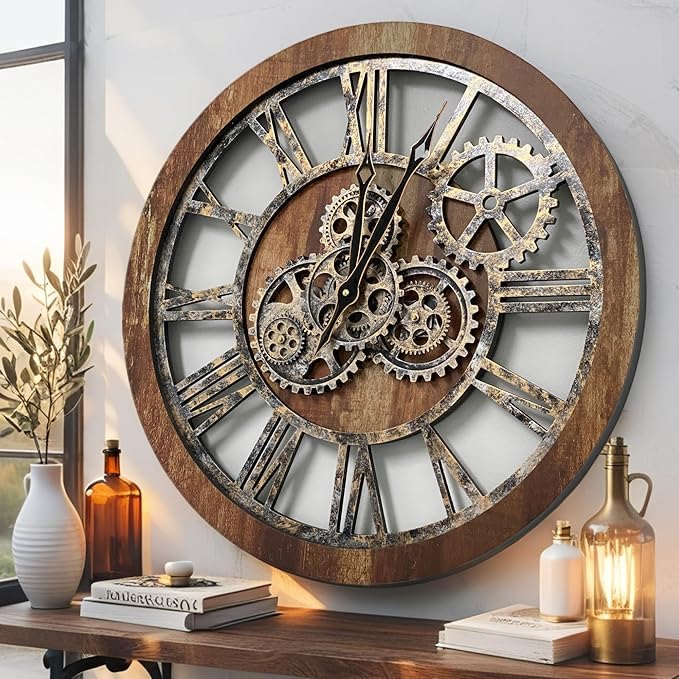 ImprovingLife The Gears Clock The Original Real Moving Gear Wall Clock Vintage Industrial Oversized Rustic Farmhouse (24 inch (60cm), Vintage Brown)