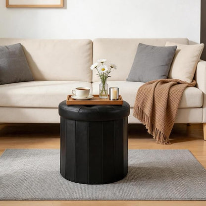 CAROLMADE Round Storage Ottoman, PU Leather Folding Footrest Stool