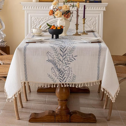 Joyfol Day Rustic Waterproof Linen Tablecloth, Heavy Weight Fern Embroidery Table Cloths for Rectangle Tables, Farmhouse Spill-Proof Table Covers with Tassels, Blue 55''x 102''