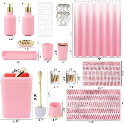 XLHOMO 25PCS Pink Bathroom Accessories Sets Complete, with Shower Curtain, Rugs, Trash Can and Toilet Brush, Toothbrush Holder and Cup, Soap Dispenser, Soap Dish, Qtip Holder, Bathroom Decor Sets