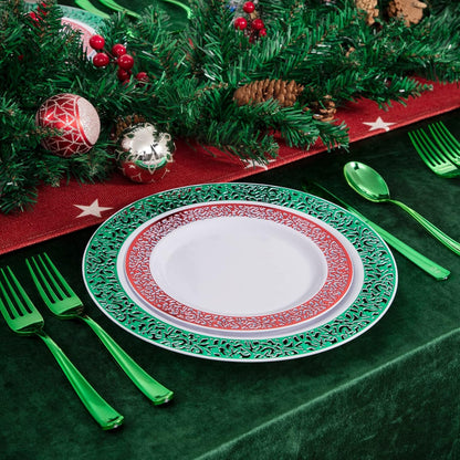 Rubtlamp 60PCS Christmas Plastic Plates, Red Lace Disposable Plates, White Heavy Weight Plates Sets Includes 30 Fancy Salad Platos 7.5”,30 Green Dinner Platos 10.25” For Christmas Party Wedding