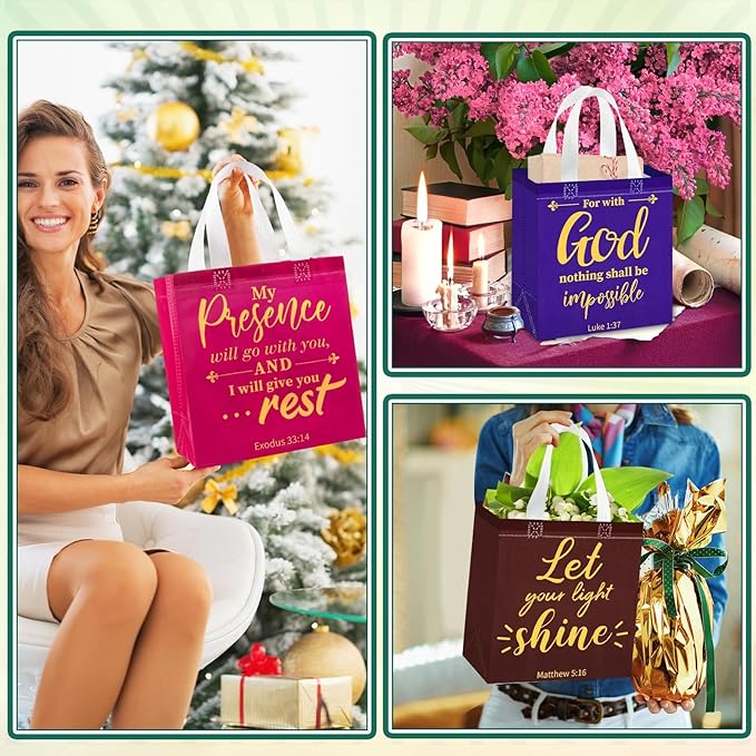 HunnmingRe 16 Pcs Christian Gift Bags Bulk, Easter Reusable Religious Bible Verse Tote with Handles Non Woven Scripture Pastor Blessing Gift for Baptism Church Wedding Favors