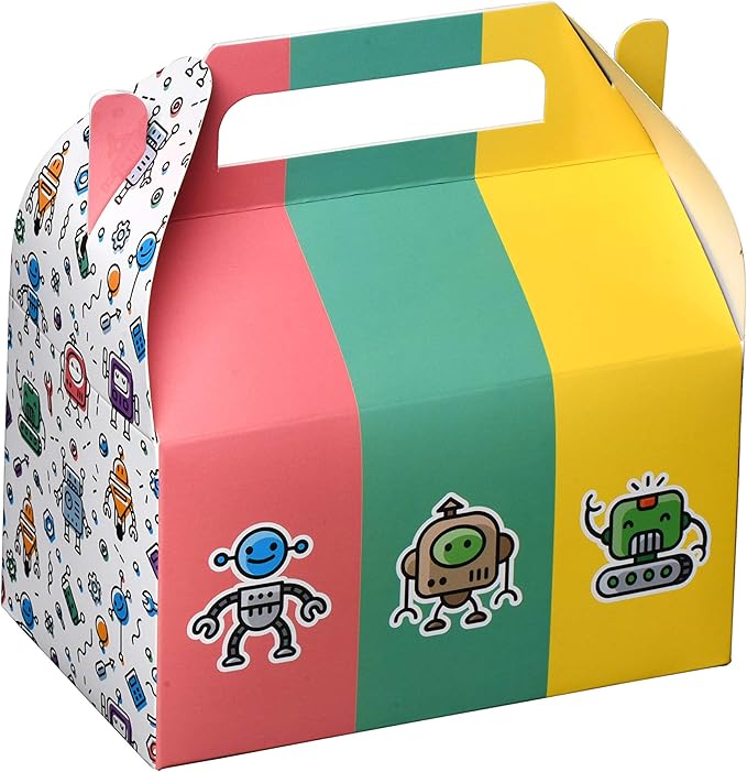 Hammont Paper Treat Boxes - (10 Pack) - Party Favors Treat Container Cookie Boxes Cute Designs Perfect for Parties and Celebrations 6.25" x 3.75" x 3.5" (Robots)