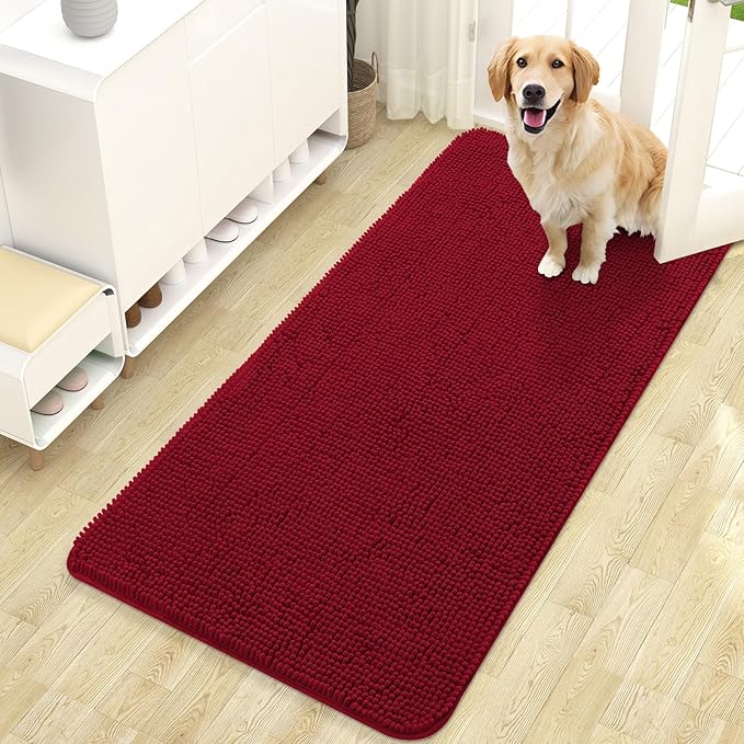 OLANLY Dog Door Mat for Muddy Paws 47x24, Absorbs Moisture and Dirt, Absorbent Non-Slip Washable Doormat, Quick Dry Chenille Mud Mat for Dogs, Entry Indoor Entryway Carpet for Inside Floor, Red