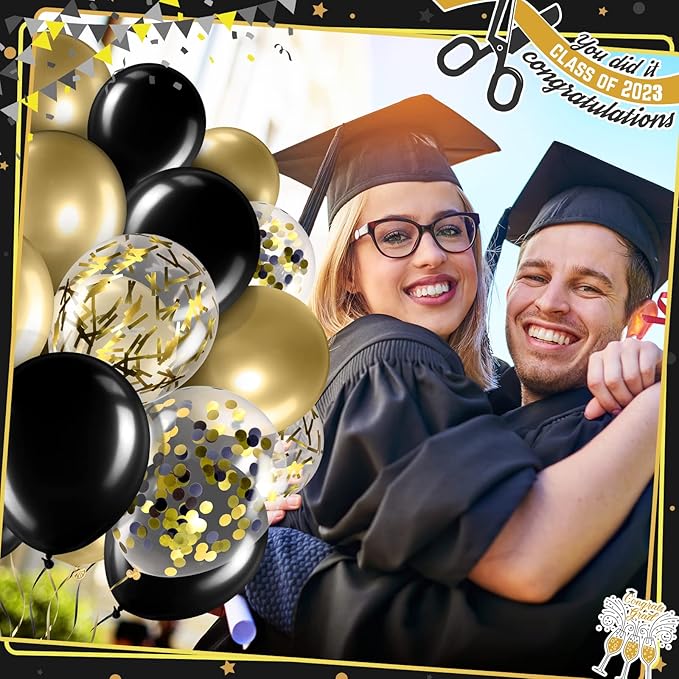 Sratte 60 Pcs 12 Inch Black Gold Balloons Kit Halloween Decorations Confetti Latex Metallic Balloons with 2 Rolls Ribbon Party Favor for Memorial Day, Birthdays