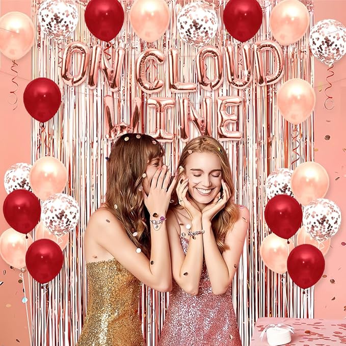 Bride On Cloud Wine Balloon Banner for Wine Bachelorette Party Decoration, Rose Gold Letter Balloons with Balloon Arch Tassel Curtain for On Cloud 9 Bridal Shower Decorations